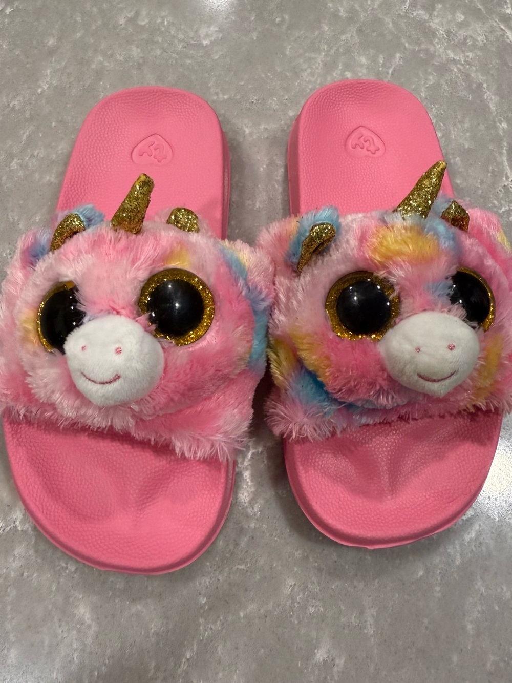 Ty Beanie Boo Plush Unicorn Slide Sandals Pink Gold Glitter Girls Size 11-13 EUC